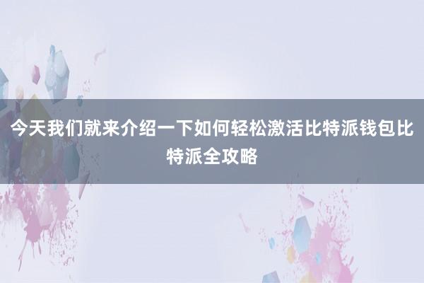 今天我们就来介绍一下如何轻松激活比特派钱包比特派全攻略